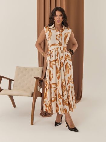 VESTIDO MIDI FOLHAGEM TELHA